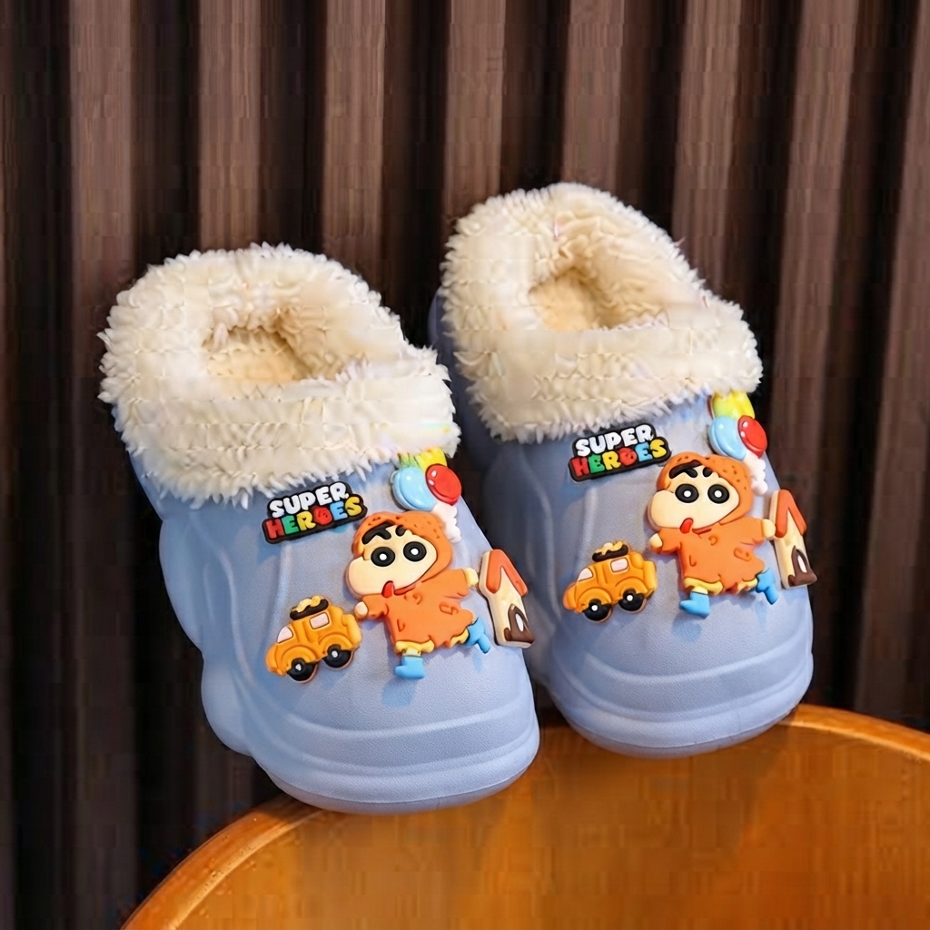 Kids Cartoon Character Fleece-Lined Waterproof EVA Winter Slippers